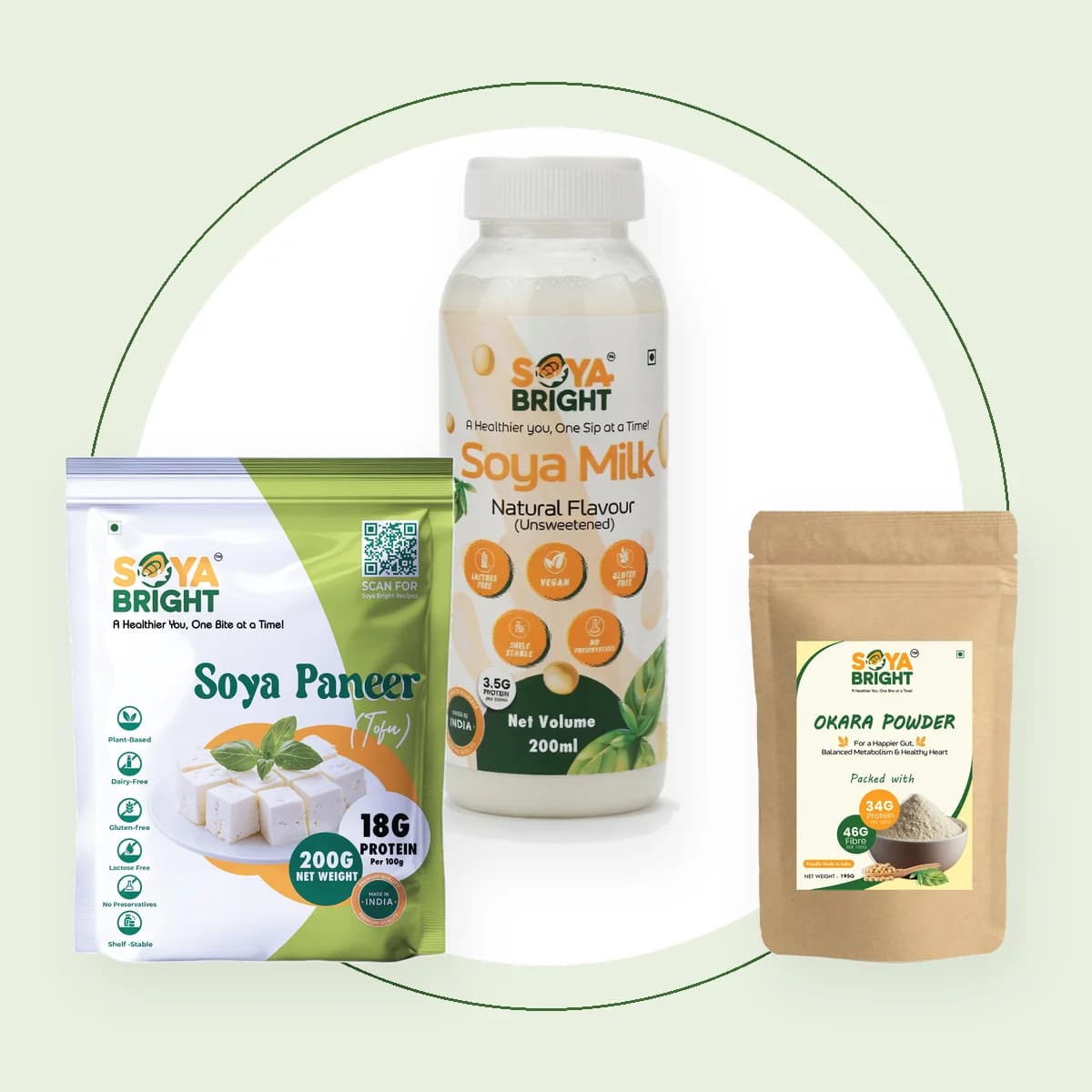 Soya Bright soya paneer (tofu), soy milk and okara powder packs
