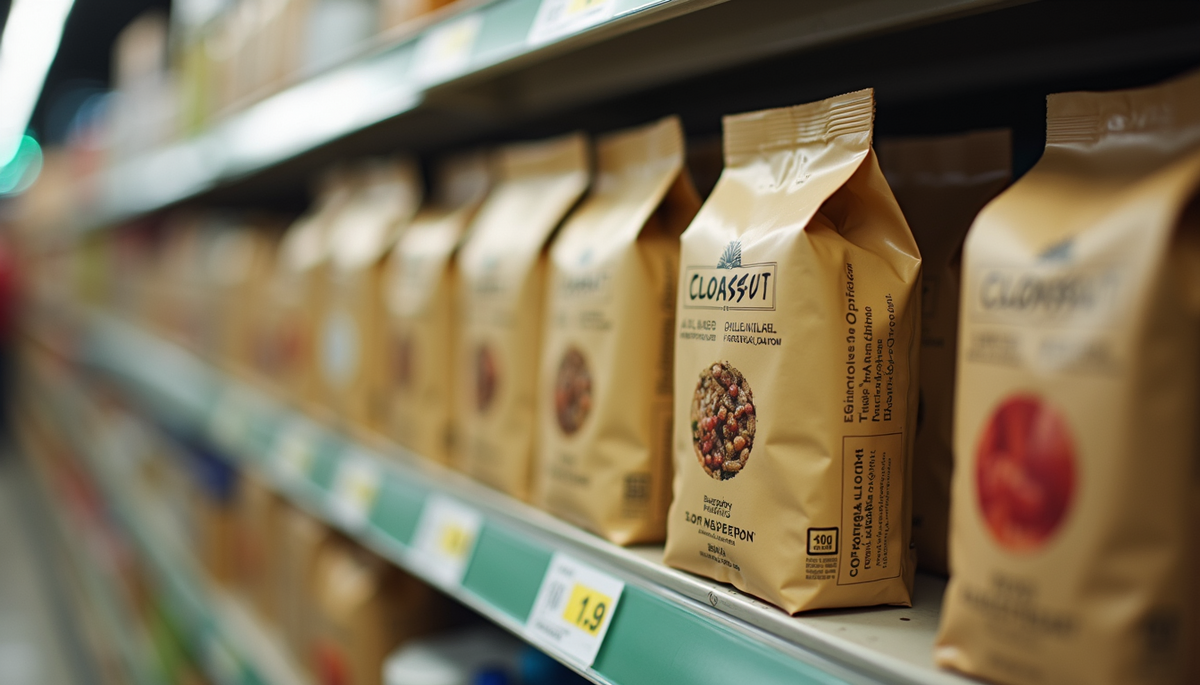 Close-up view of packaged soy products on a supermarket shelf