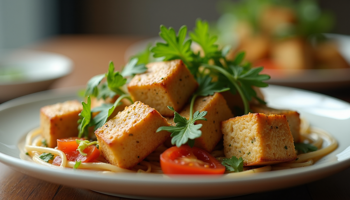 Eye-level view of a heart-healthy meal with tofu and vegetables