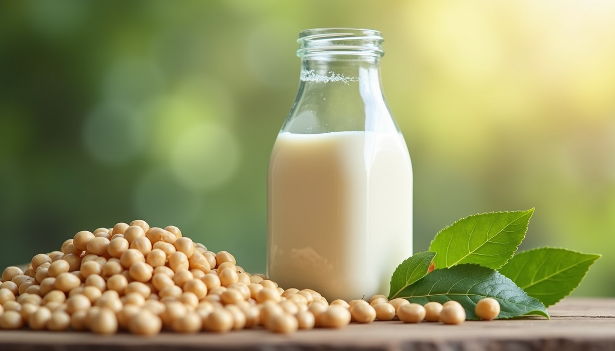 Eye-level view of a carton of organic soy milk next to fresh soybeans