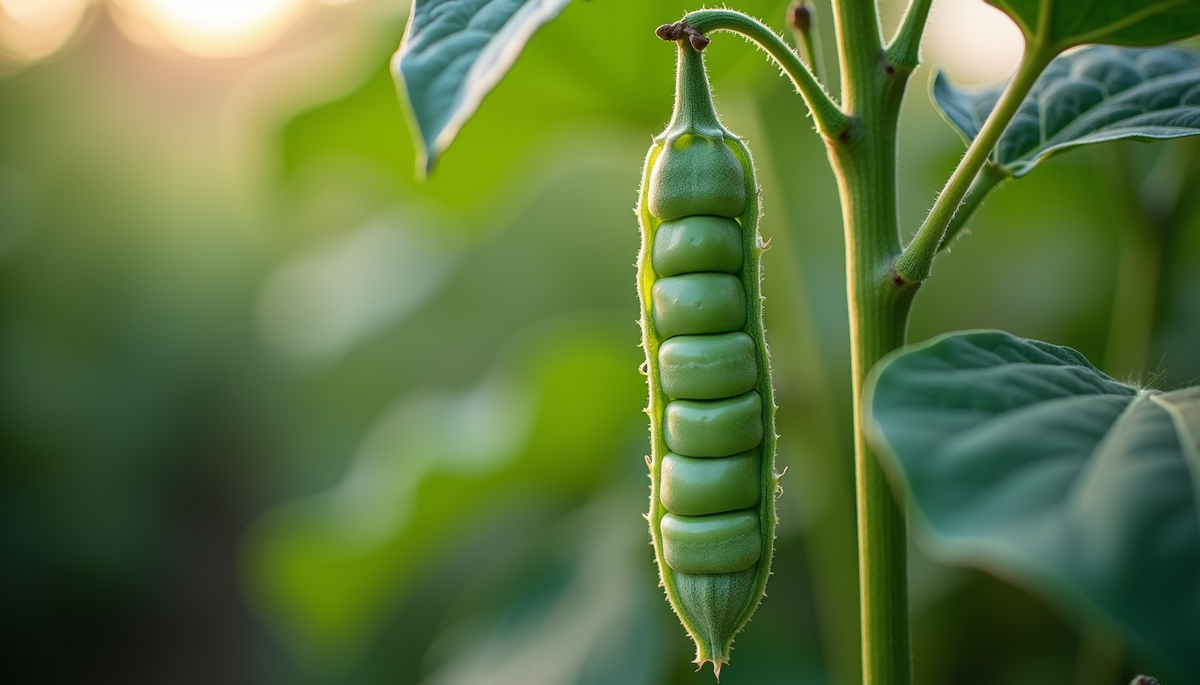 Close-up view of soybean pods developing on a plant