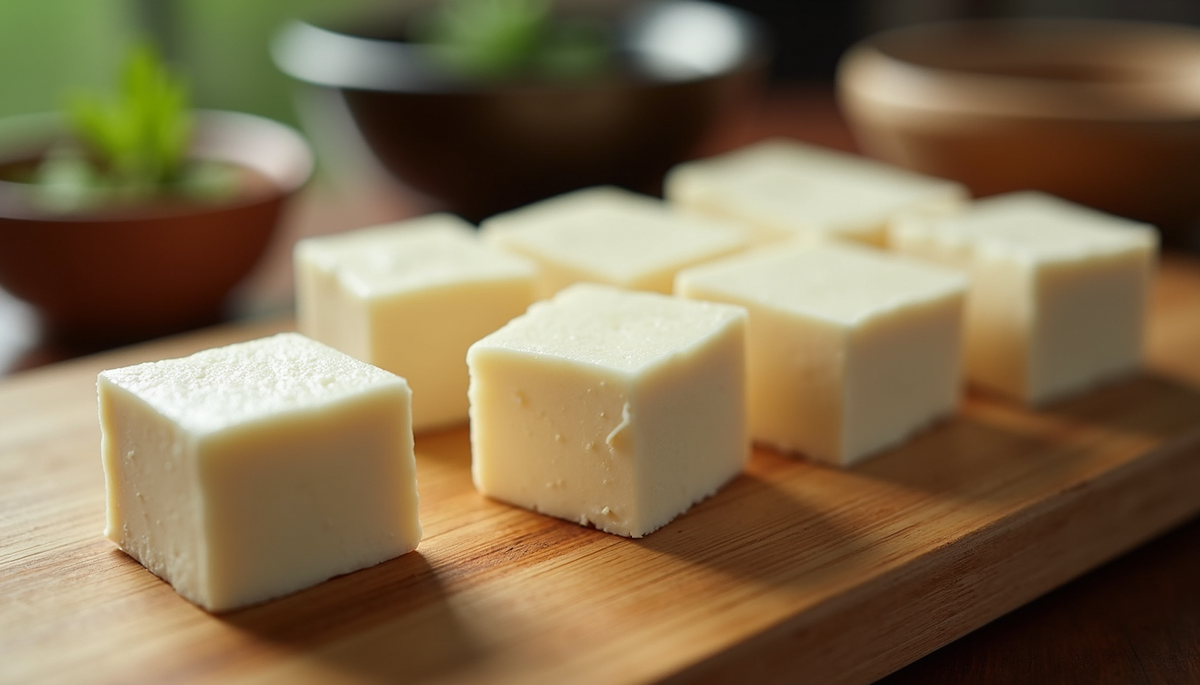 Eye-level view of tofu cubes on a wooden board