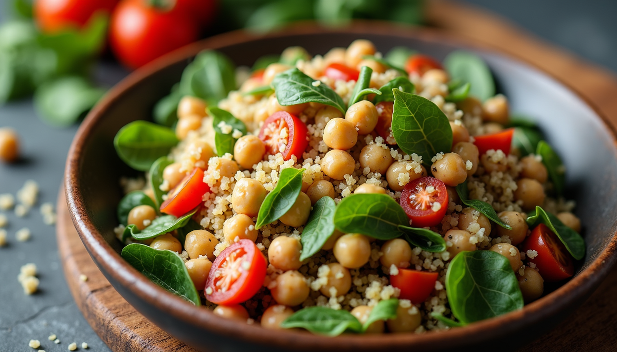 High angle view of quinoa salad with chickpeas and vegetables