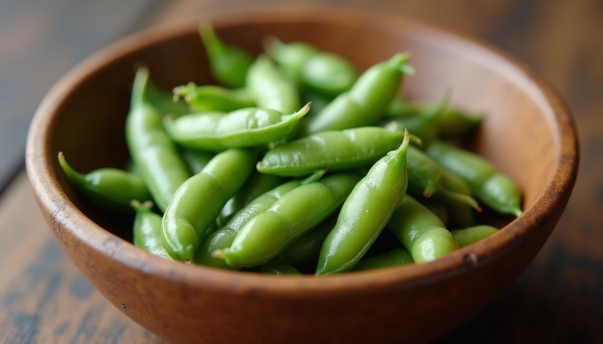 Eye-level view of fresh edamame pods in a wooden bowl