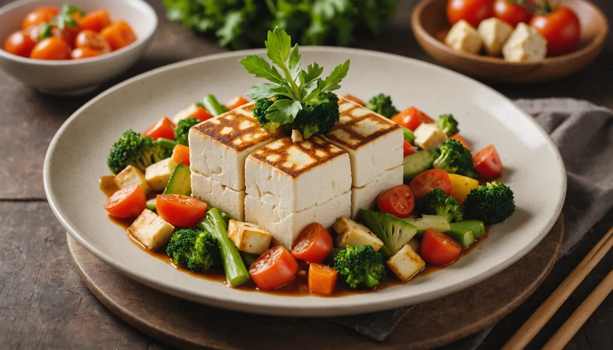 Eye-level view of a tofu dish garnished with vegetables